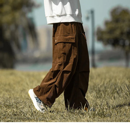 2025 autumn and winter new retro brown corduroy multi pocket workwear pants for men, loose drawstring elastic waist pants