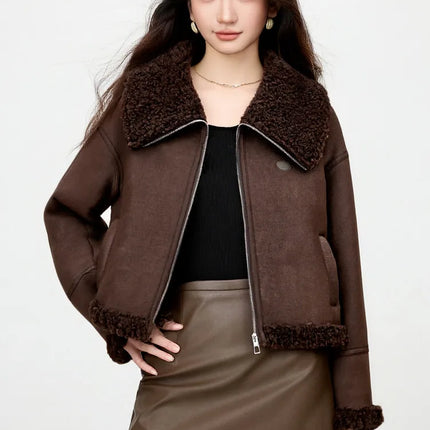 SENTUBILA Women's Faux Suede Coat Plush Lapel Zipper Faux Leather Cropped Jacket 2026 Winter Retro Ladies Outerwear W54PD5913