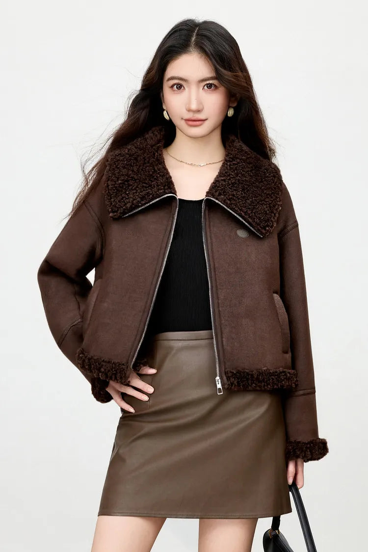 SENTUBILA Women's Faux Suede Coat Plush Lapel Zipper Faux Leather Cropped Jacket 2026 Winter Retro Ladies Outerwear W54PD5913