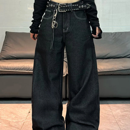 1 paio di jeans larghi con stampa Wing in stile retrò americano, pantaloni neri a gamba larga alla moda e versatili per donna