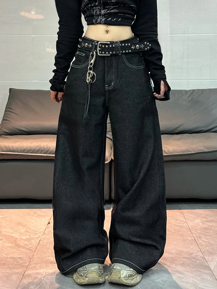1 paio di jeans larghi con stampa Wing in stile retrò americano, pantaloni neri a gamba larga alla m