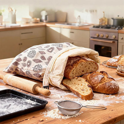 Borsa per Pane in Cotone Riutilizzabile con Chiusura a Fibbia, 2 Pezzi, 43x33cm, Tessuto Traspirante per Cucina e Viaggi