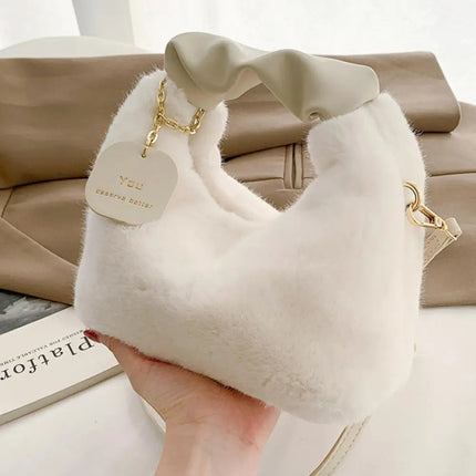 Women's Crossbody Pumpkin Plush Bag Cute Tote Bags Autumn Winter Fashion Solid Color Handbag Travel Shoulder Bags PlatiNum