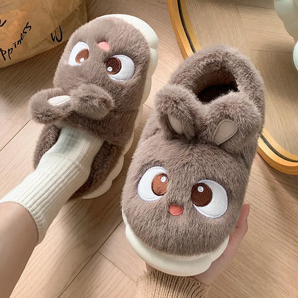 Chaussons d'intérieur en peluche chaude d'hiver en fourrure de lapin panda de dessin animé, pantoufles plates moelleuses thermiques amusantes pour femmes