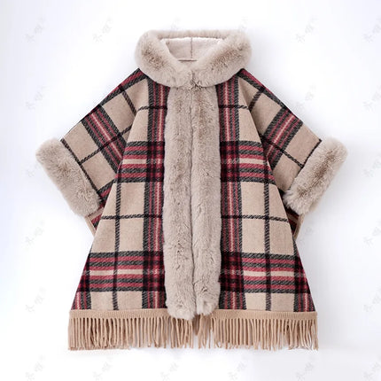 Faux Rabbit Fur Capes Coats Women Plaid Poncho Jackets Tassel Hooded Batwing Sleeves Open Stitch Loose Casual 2025 Autumn Winter