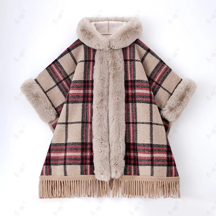 Faux Rabbit Fur Capes Coats Women Plaid Poncho Jackets Tassel Hooded Batwing Sleeves Open Stitch Loose Casual 2025 Autumn Winter
