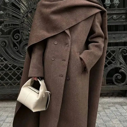 Elegant Big Scarf Collar Women's Coat Fashion Double Breasted Pockets Overcoats 2026 Autumn New High Street Oversize Outerwears
