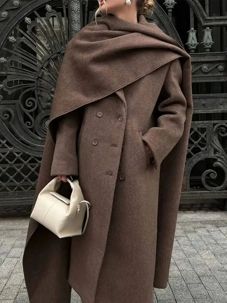 Elegant Big Scarf Collar Women's Coat Fashion Double Breasted Pockets Overcoats 2026 Autumn New High Street Oversize Outerwears