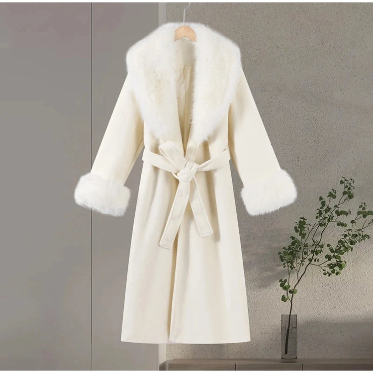 Retro Black Fur Patchwork Woolen Coat Women Chic Full Sleeve V-neck Lace Up Loose Long Overcoat 2025 Lady Winter Commute Outwear