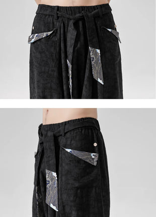 Pantaloni a gamba larga da uomo in cotone e lino casual oversize Harajuku pantaloni alla moda da uomo samurai giapponese retrò Ukiyo-e stampa pantaloni con cintura da uomo