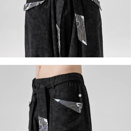 Pantaloni a gamba larga da uomo in cotone e lino casual oversize Harajuku pantaloni alla moda da uomo samurai giapponese retrò Ukiyo-e stampa pantaloni con cintura da uomo