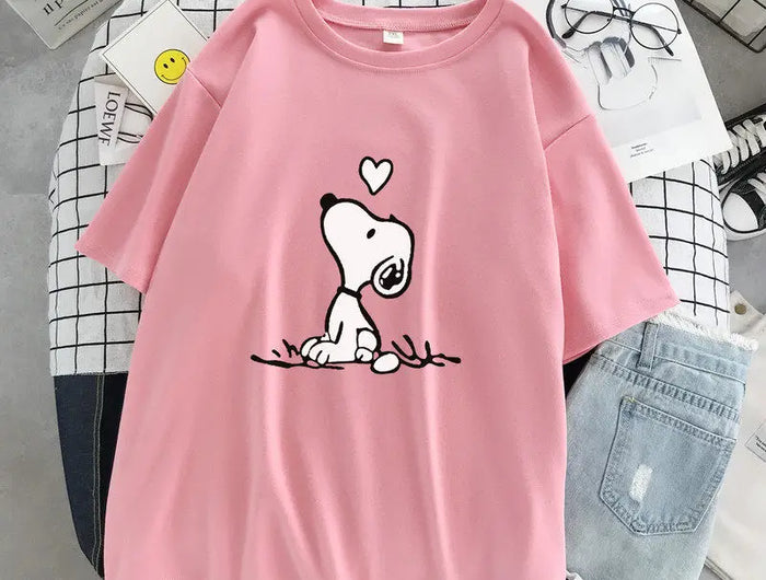 New 2026 Snoopy Cartoon Anime Women's T-shirt, White Cotton Short Sleeve Summer T-shirt, Fashion Top for Couples