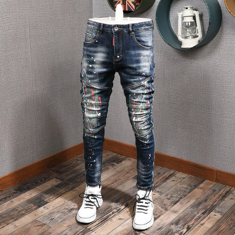 Fashion Streetwear Men Jeans Retro Black Blue Elastic Slim Fit Ripped Jeans Men Spliced Designer Embroidery Hip Hop Denim Pants PlatiNum