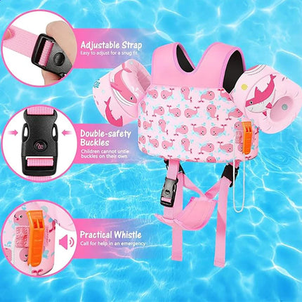 Kids Swim Vest for Toddlers Floaties for Swimming Armbands 15-70 lbs Cartoon Swim Water Wings with Crotch Strap Child Pool Floats Vest