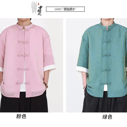 Camicia da Uomo di Lusso con Sfumature Colorate, Jacquard a Maniche Corte, Stile Cinese Tradizionale, Fresca per l'Estate, in Seta Ghiaccio