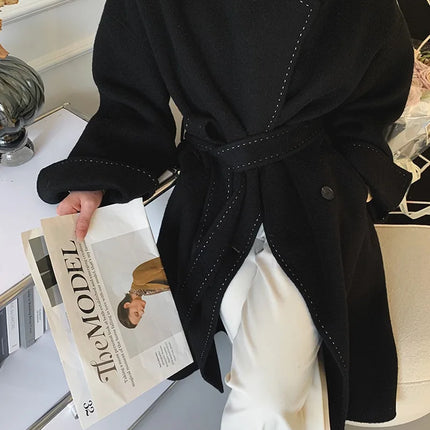 New Solid Korean Style Women Wool Coat Arch Needle Large Neck Versatile Fashion Texture Double Sided Trench Coats Female Winter