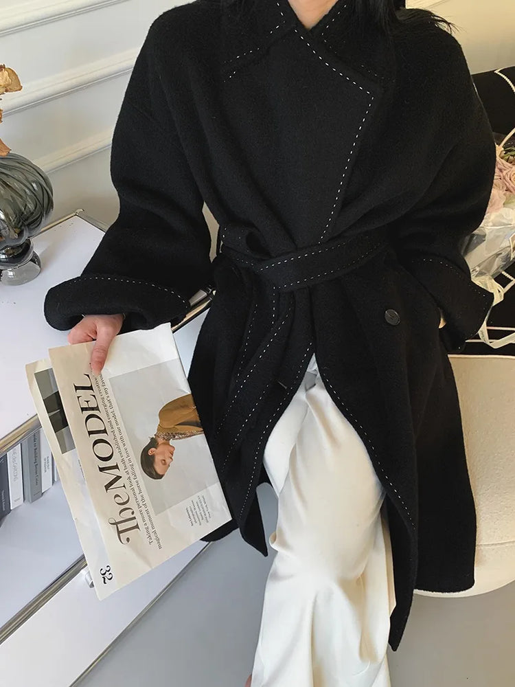 New Solid Korean Style Women Wool Coat Arch Needle Large Neck Versatile Fashion Texture Double Sided Trench Coats Female Winter