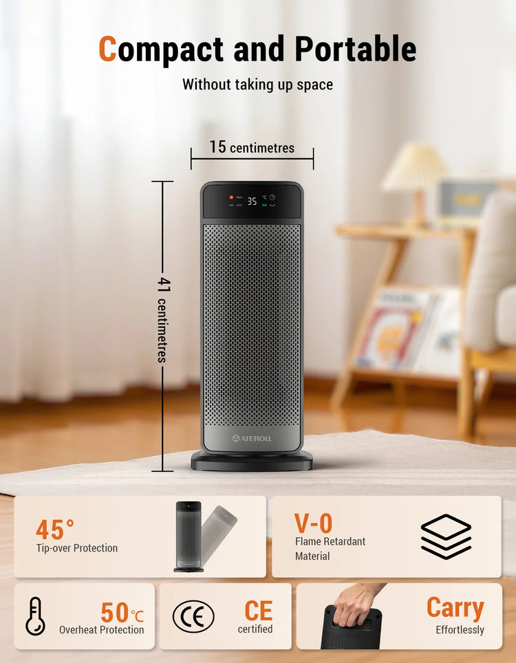 Portable Electric Heater with Remote Control 2000W PTC Ceramic Space Heater 16inch Oscillating Instant Warmth Quiet Air Blower Fan V0-Grade Fireproof Materials Overheat Protection Tilting Protection Home Appliance for Bedroom