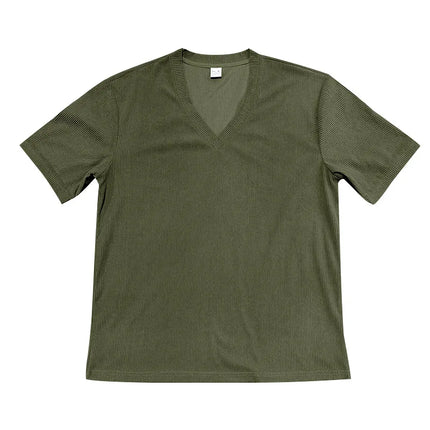 Men's European and American Summer Corduroy Solid Color Slim Casual V-Neck T-Shirt Amazon