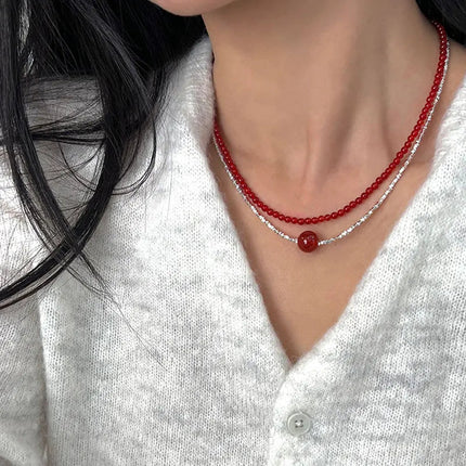 Minar French Silver Water Wave Chain Red Agate Beads Heart Beaded Pendant Necklaces for Women Gold Silver Plated Sweater Chain PlatiNum