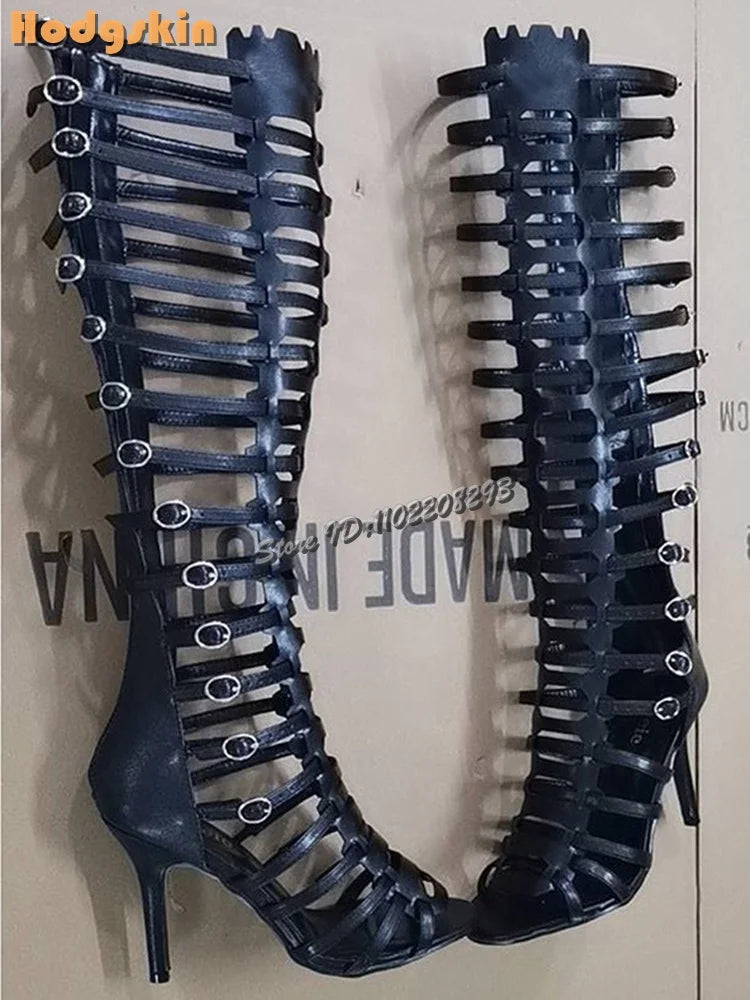 Retro Buckle Strap Roman Sandals Open Toe Back Zip Stiletto Knee-high Summer Boots 2026 New Fashion High Heeled Women Shoes