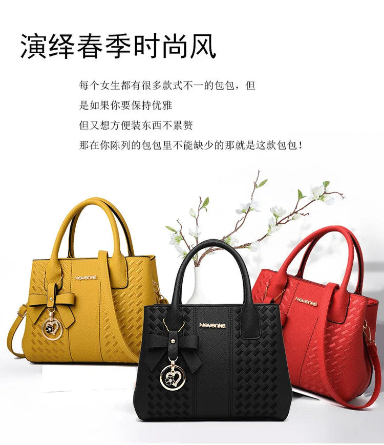 Bow Metal Pendant Top Handle Satchel Crossbody Bag, PU Leather Textured Bag Purse, Classic Versatile Fashion Shoulder Bag PlatiNum