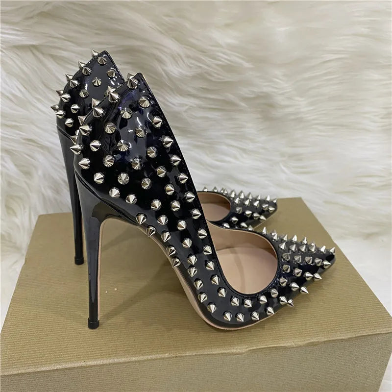 Super Thin Heel 8 10 12CM Sexy All Spikes Rivets Women Pumps Pointed Toe Super High Heels Party Nightclub Fashion Shoes Size 46