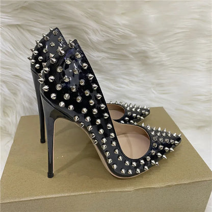 Super Thin Heel 8 10 12CM Sexy All Spikes Rivets Women Pumps Pointed Toe Super High Heels Party Nightclub Fashion Shoes Size 46