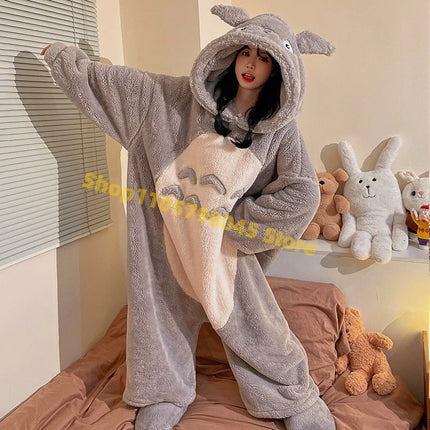 Cartoon Animal One‑Piece Pajamas Soft Coral Fleece Plush Jumpsuit Warm Loungewear For Home Sleepwear Theme Party Costume