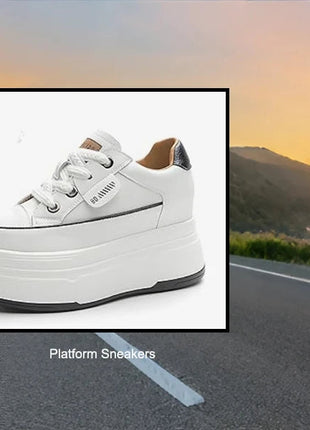 Fujin 9cm 3 inch comfortable platform sneakers for women Genuine Leather Women Vulcanized Shoes Platform High Heels Casual Shoes PlatiNum