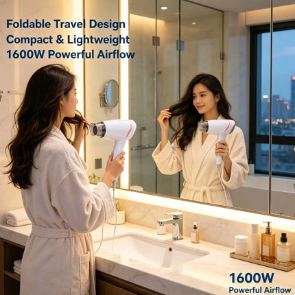 1600W Dual Voltage Hair Dryer Foldable Design 100-240V Portable Travel Hairdryer Hot Cold Air Styling Tool Hotel Use