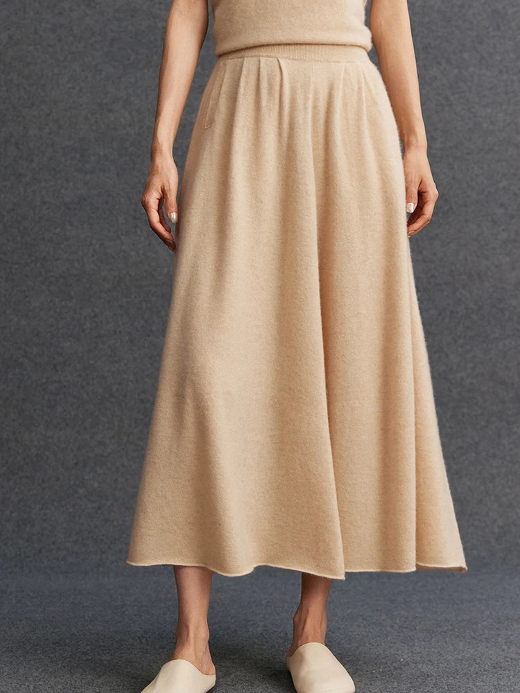 New Women's 100% Pure Cashmere Knitted Full Skirt Autumn Winter High Waisted Mid-calf Ankle-Length Soild Dress Versatile Elegant PlatiNum