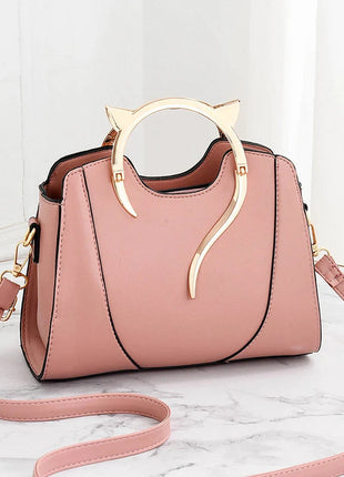 Cat Shaped Handle Women Handbag Trendy And Fashionable, Solid Color, Simple And Casual Crossbody Shoulder Shell Bag PlatiNum