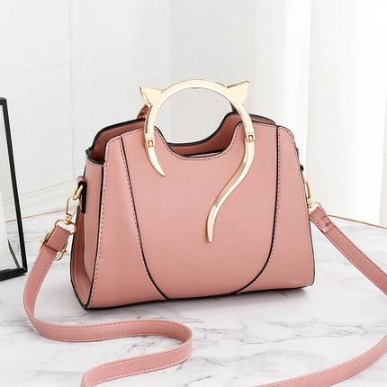 Cat Shaped Handle Women Handbag Trendy And Fashionable, Solid Color, Simple And Casual Crossbody Shoulder Shell Bag PlatiNum