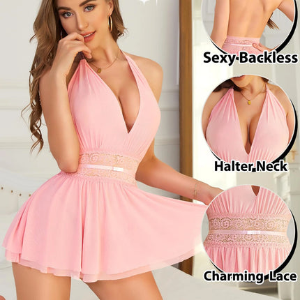 Babydoll da donna con scollo all'americana, scollo a V profondo, vita in pizzo e rete, chemise trasparente svasata, camicia da notte con bretelline