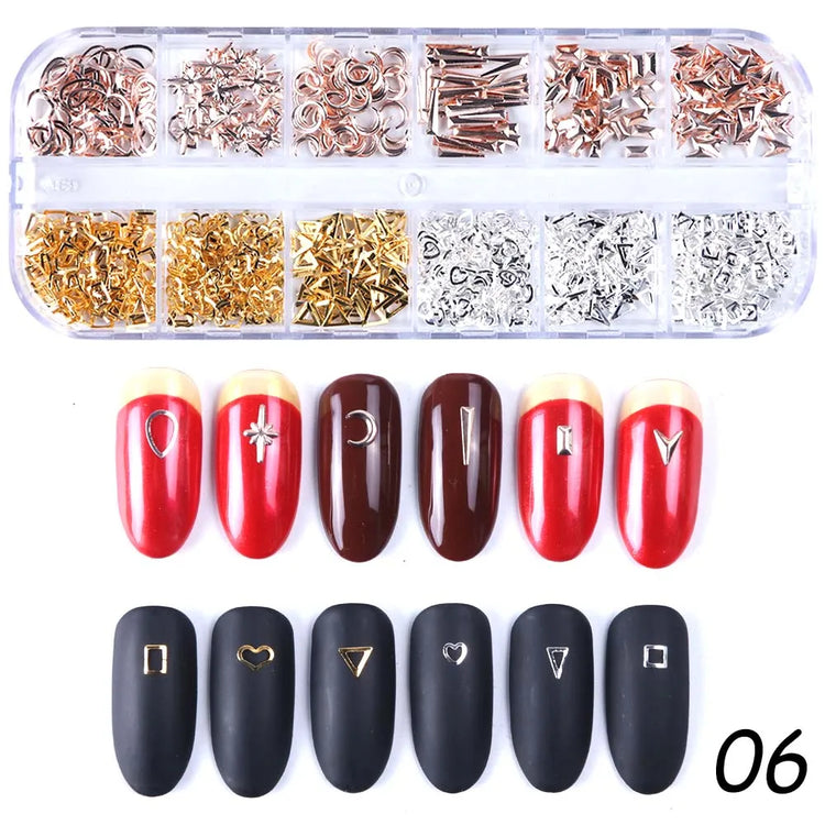 12 Grids Gold Nail Art Alloy Studs Seaside 3D Decorations Sea Shell Star Nail Charm Metal Frame Rivets Nail Sequin Accessories