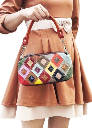 Borsa da Donna alla Moda, Borsa per Telefono in Vera Pelle Colorata con Motivo a Quadri, Borsa a Spalla e Tracolla