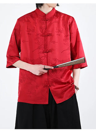 Camicie cinesi Camicia retrò in seta di ghiaccio con motivo floreale scuro Tradizionale Kung Fu Tai Chi Casual Loose Fit Top da uomo traspirante estivo