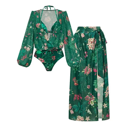 Costume da Bagno Bikini a Vita Alta da Donna, Sexy, Verde Stampato, in Rete, a Maniche Lunghe, Set Estivo di Lusso per la Spiaggia platinumshop