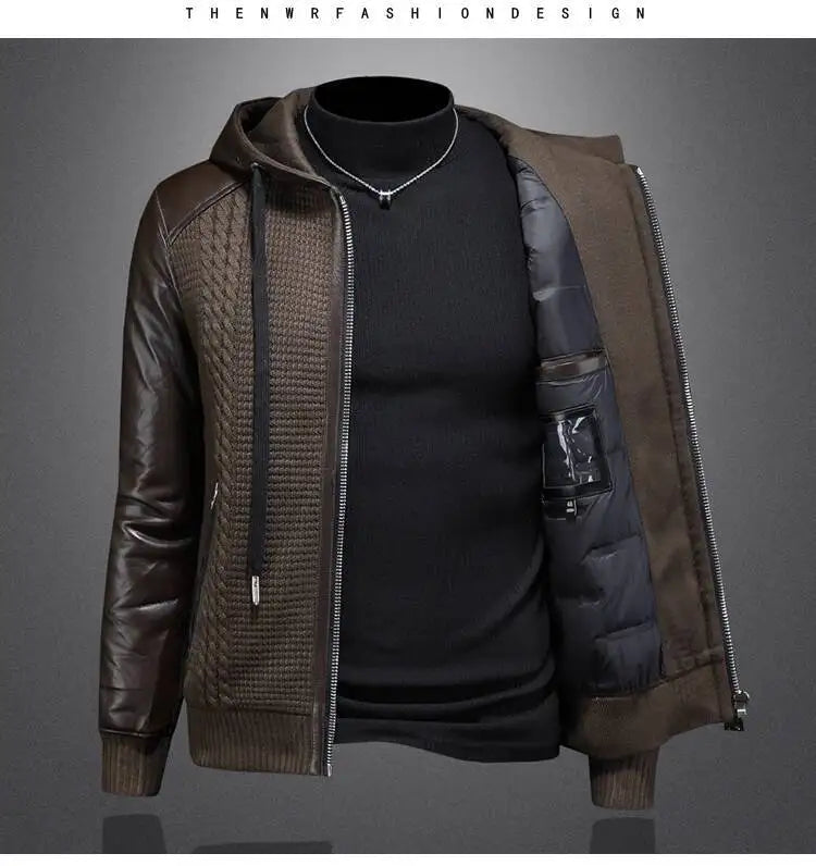 Winter Jackets Mens Duck Down Jacket Men 2025 Autumn Men's Knitted Spliced Leather Jacket Hooded Down Jacket Coat Kurtka Zimowa