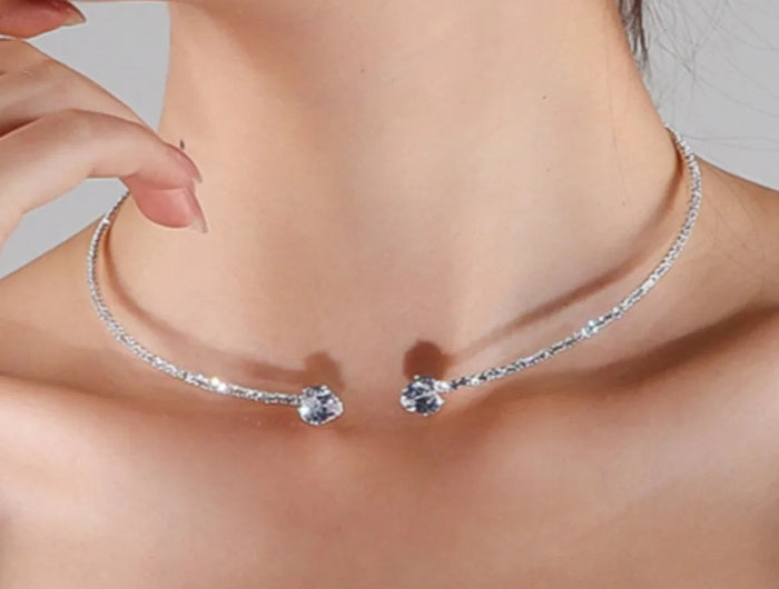 925 Sterling Silver Rhinestone Heart Collar Choker Necklace for Women Simple Open Collar Necklace Torques Jewelry Accessories PlatiNum