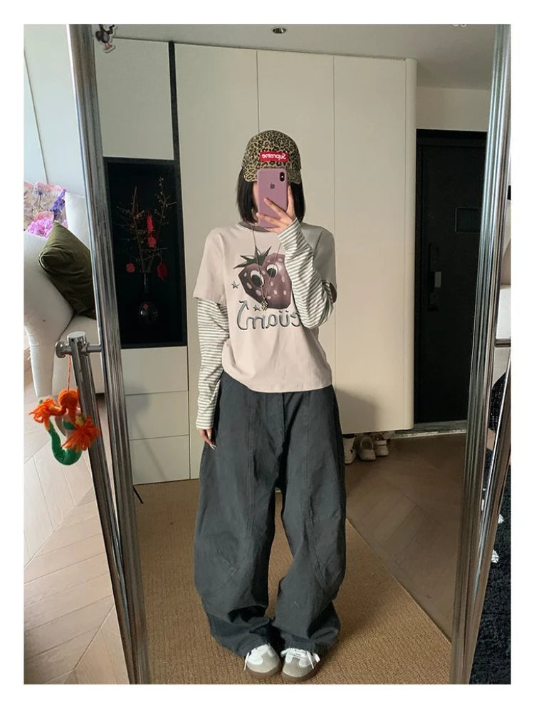 HOUZHOU Y2K Vintage Wash Donna Cargo Jeans Harajuku Scimitar Gamba larga Pantaloni in denim retrò americani Pantaloni larghi Gyaru Streetwear