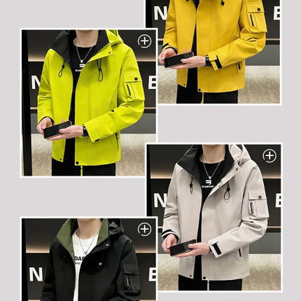 New Men's Fashion Casual Jackets Hooded Solid Zipper Pockets Camping Jackets Spring Autumn Brand Male Outdoor Sport Windbreaker