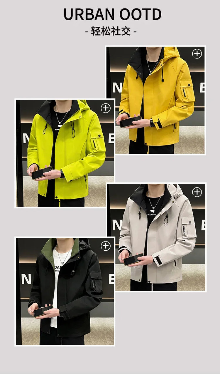 New Men's Fashion Casual Jackets Hooded Solid Zipper Pockets Camping Jackets Spring Autumn Brand Male Outdoor Sport Windbreaker