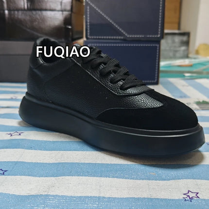 7CM Invisible Height Elevator Shoes for Men Breathable Comfort Leather Casual Sneakers Thick Platform Sole Lace Up Lift Sports