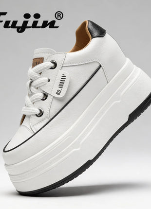 Fujin 9cm 3 inch comfortable platform sneakers for women Genuine Leather Women Vulcanized Shoes Platform High Heels Casual Shoes PlatiNum