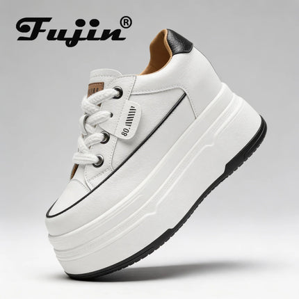 Fujin 9cm 3 inch comfortable platform sneakers for women Genuine Leather Women Vulcanized Shoes Platform High Heels Casual Shoes PlatiNum