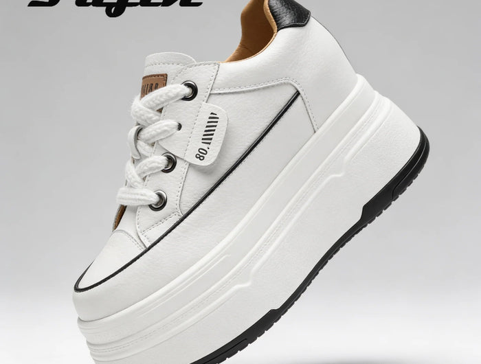 Fujin 9cm 3 inch comfortable platform sneakers for women Genuine Leather Women Vulcanized Shoes Platform High Heels Casual Shoes PlatiNum