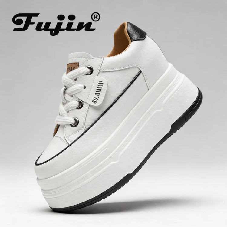 Fujin 9cm 3 inch comfortable platform sneakers for women Genuine Leather Women Vulcanized Shoes Platform High Heels Casual Shoes PlatiNum