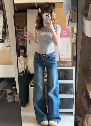 2025 Vintage High Street Jeans a vita bassa Donna Estate All-Match Gamba larga Y2K Pantaloni in deni